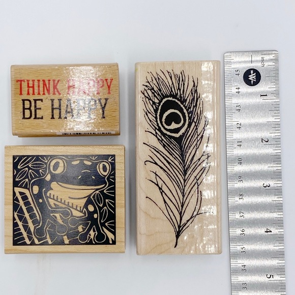 Wooden Rubber Ink Stampers Peacock Feather, Frog, Think Happy Be Happy Stampers - Picture 6 of 11